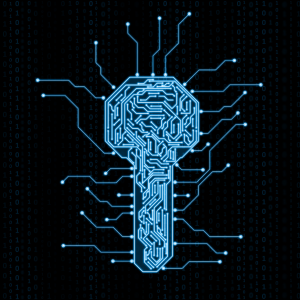 Concept image of network security. Black background, blue key with network points