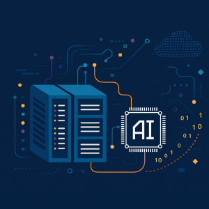 Illustration of a modern data center with AI-generated data flows and cloud architecture elements