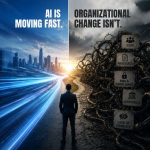 A lone executive faces two contrasting paths: a sleek city illuminated by streams of light on one side and a maze of tangled infrastructure on the other, illustrating the gap between rapid AI advancement and organizational readiness.