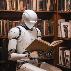 Image of a robot reading a book in a library, representing Agentic AI in a DataEndure blog post.