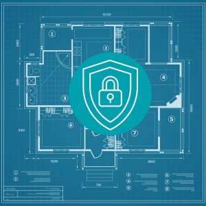 Blueprint with a security shield icon overlay, symbolizing cybersecurity planning and protection.