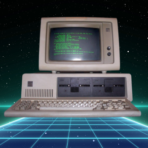 image of an 80s computer with bright neon grid background
