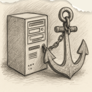 sketch of a legacy server held down by an anchor