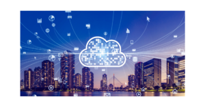 Image of cloud connecting to varied technologies with cityscape in background