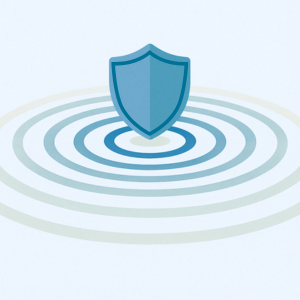 concept image of compliance ripple effect. Blue security icon in the center of concentric circles